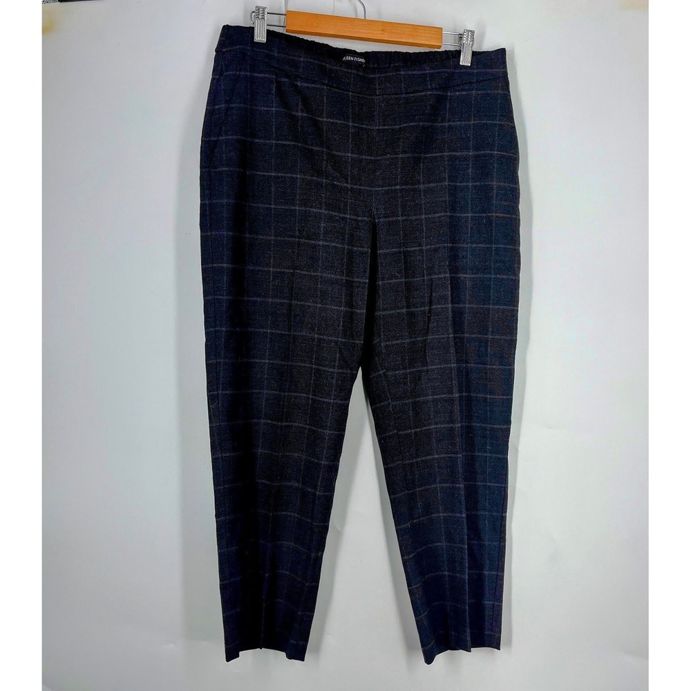 Eileen Fisher Womens Charcoal Grey Windowpane Plaid Ankle Pants Tapered‎ Size M